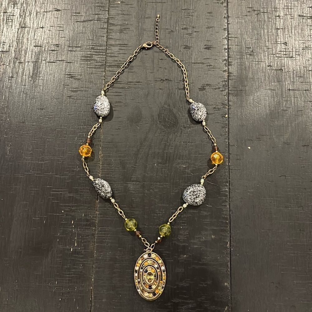 Fancy Stone Crystal Necklace Rhinestone Pendant Burnished Gold Tone Grandma​​​​
